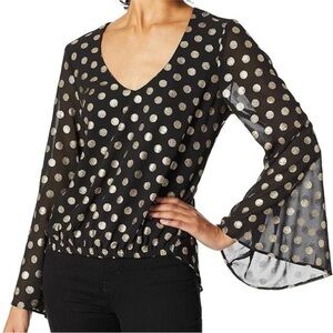 Show Me Your MuMu Mackenzie Cosmic Polka Dot Bell Sleeve Top Black Gold Womens S